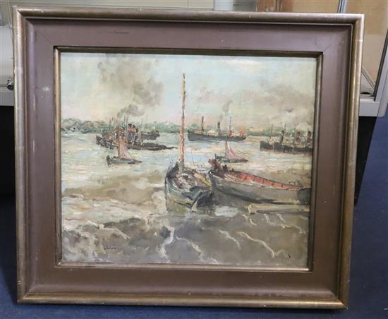 § Lord Methuen (1886-1974) Tugs at rest, Gravesend 20 x 24in.